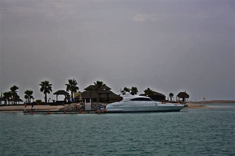 Beach club in the world islands. Panoramic view of Lebanon Island on The World Islands ...