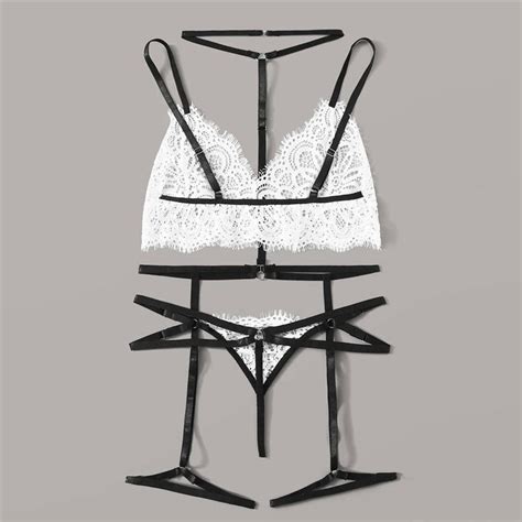 Sexy Lingerie Bra Set Fashion New Women White Lace Sling Sexy V Neck Underwear Thong Sleepwear