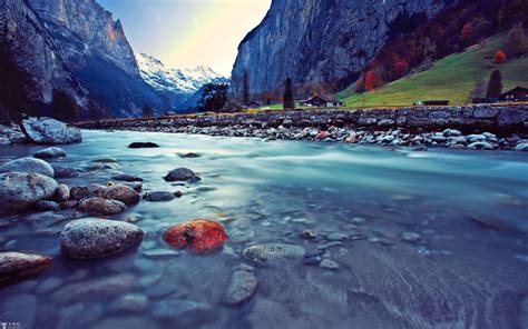 Water Mountains Landscapes Nature Snow Valley Rocks Switzerland Rivers