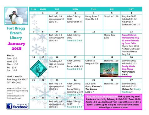 Calendar Jan2018 Fort Bragg Library