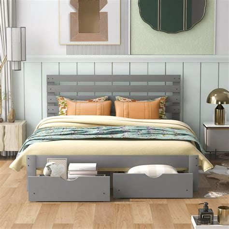 Queen Size Solid Pine Wood Frame Platform Bed With Headboard And 2 Drawers For Adults No Box
