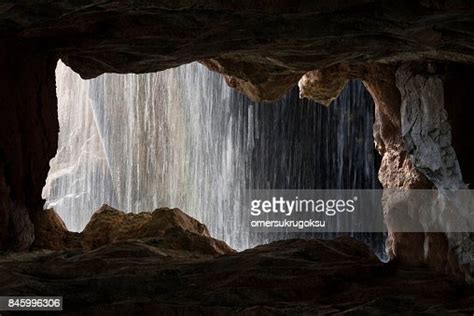 View Of The Waterfall From The Cave Inside In Valencia Spain High Res