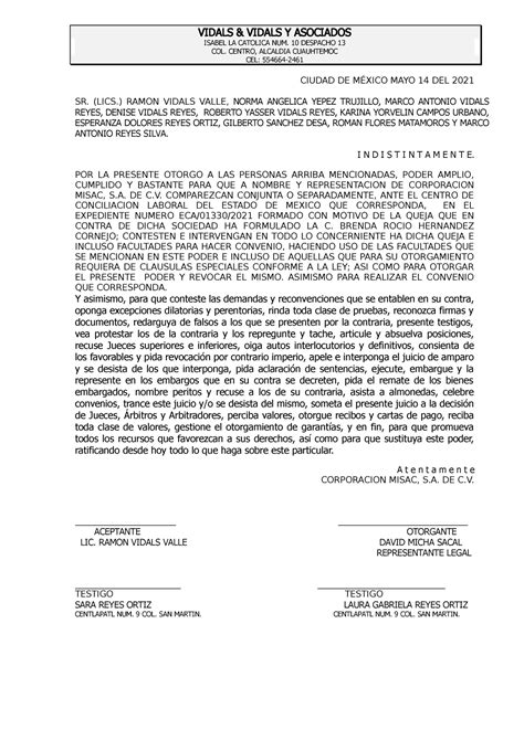 Carta Poder Centro DE Conciliación laboral estado de mexico VIDALS