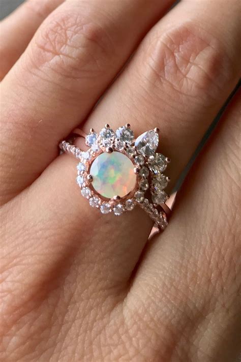 Opal Engagement Vintage Ring Set Halo Opal Promise Ring With Band Round Genuine Opal Deco