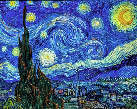 Van gogh's swirling starry night, featuring a small hillside village and a large cypress tree in the foreground, is not just made up of a black surface with pale dots. Starry Night Print By Vincent Van Gogh Painting by Vincent ...