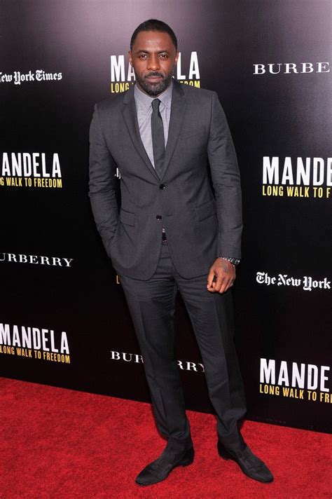 Idris Elba Wearing Charcoal Suit Grey Dress Shirt Black Suede Loafers