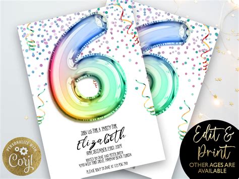 6th Birthday Invitation Editable Template Rainbow Balloon Etsy