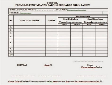 Daftar hadir mahasiswa di kelas 5. MENUJU RUMAH SAKIT KELAS DUNIA: Contoh Formulir Penyimpanan Barang Berharga Milik Pasien