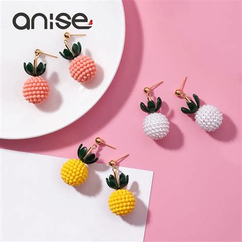 Anise Cute Pineapple Fruit Dangle Earrings Woman Lovely Leaf Multicolour Bead Round Ball Drop