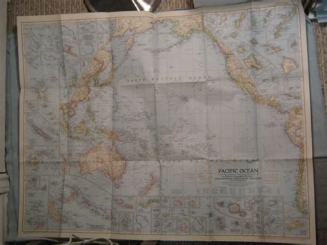 Vintage Pacific Ocean Large Wall Map National Geographic December 1952