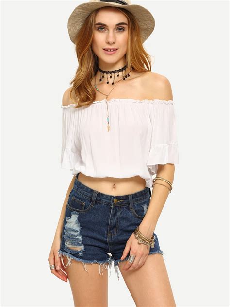 Ruffled Off The Shoulder Crop Top Whitefor Women Romwe