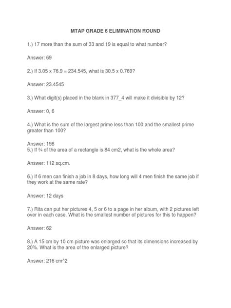 Mtap Grade 6 Elimination Round Pdf Numbers Elementary Geometry