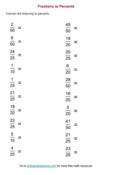 Fractions To Percents Worksheets Answers Examples