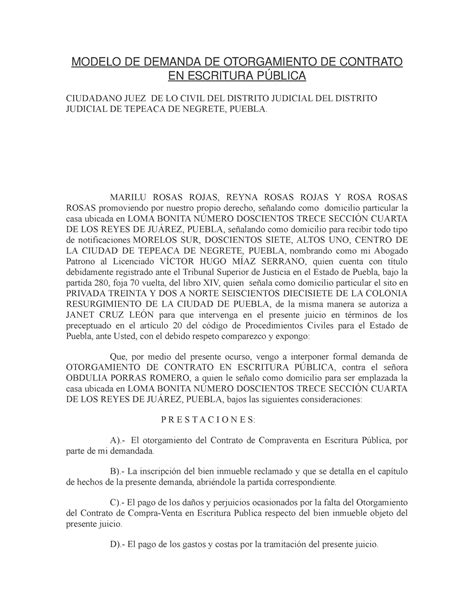 Modelo De Demanda De Otorgamiento De Contrato En Escritura P Blica