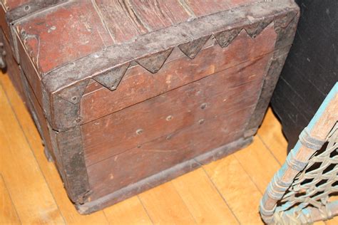 Antique 1800s Wood Trunk Immigrant Chest Original Red Paint New York