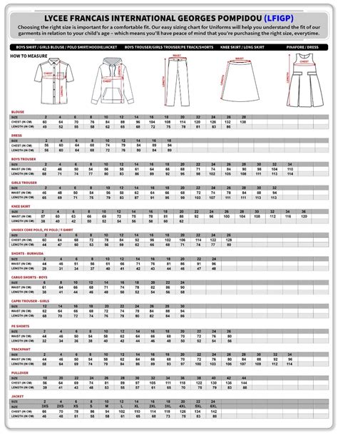 School Uniforms Size Chart Threads Uae