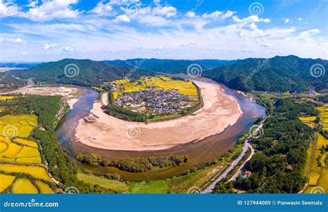 Aerial Panorama View Of Korea Rice Field In Andong City South Korea