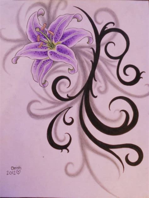 A Drawing Of A Purple Flower With Black Swirls On The Bottom And One Side