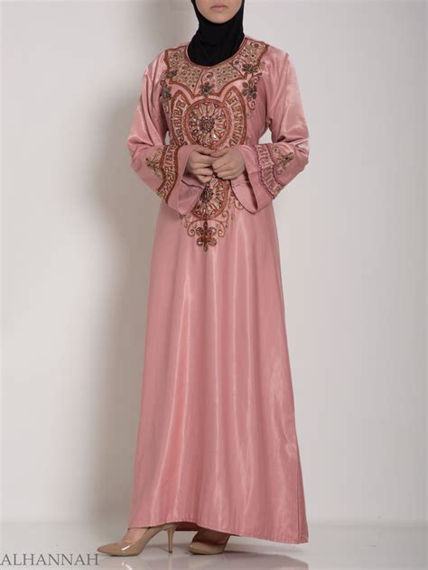 Pink Embellished Satin Embroidered Syrian Abaya Ab706