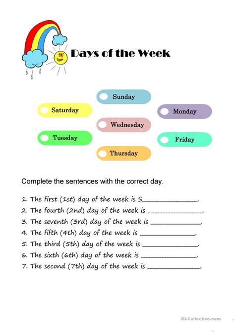 days   week worksheet  esl printable worksheets