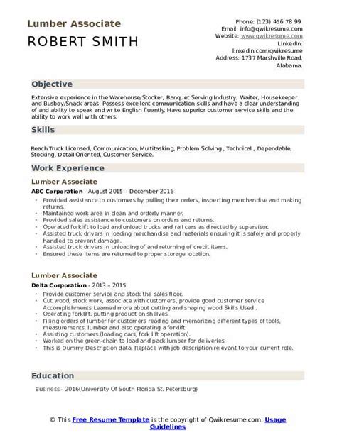 Plywood is a material manufactured from thin layers or plies of wood veneer that are glued together with adjacent layers having their wood grain rotated up to 90 degrees to one another. Lumber Associate Resume Samples | QwikResume
