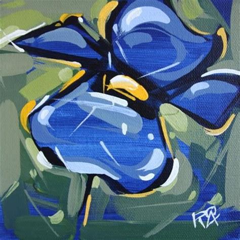 A Painting Of A Blue Flower With Yellow And Green Leaves On The Bottom