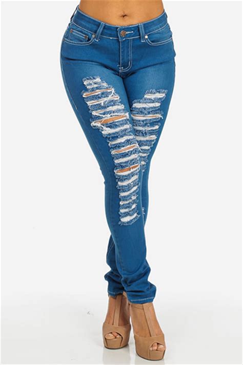 Stylish Mid Waist Broken Holes Design Blue Denim Skinny Jeans Jeans Bottoms Lovelywholesale