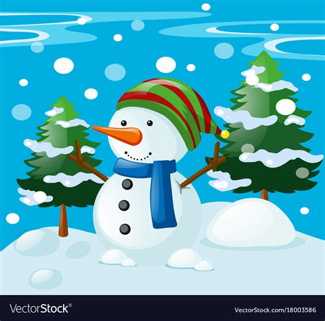 Winter Scene With Snowman In The Field Royalty Free Vector