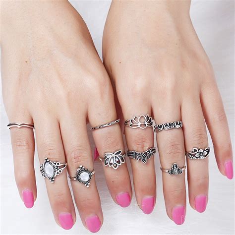 10 Pcsset Boho Antique Silver Midi Knuckle Fingers Ring Set For Women Acrylic Steampunk Anillos