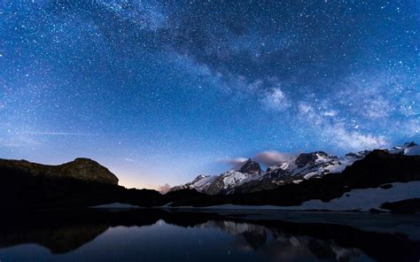 Fonds Décran Nuit Lac Montagnes Ciel étoiles Réflexion De Leau