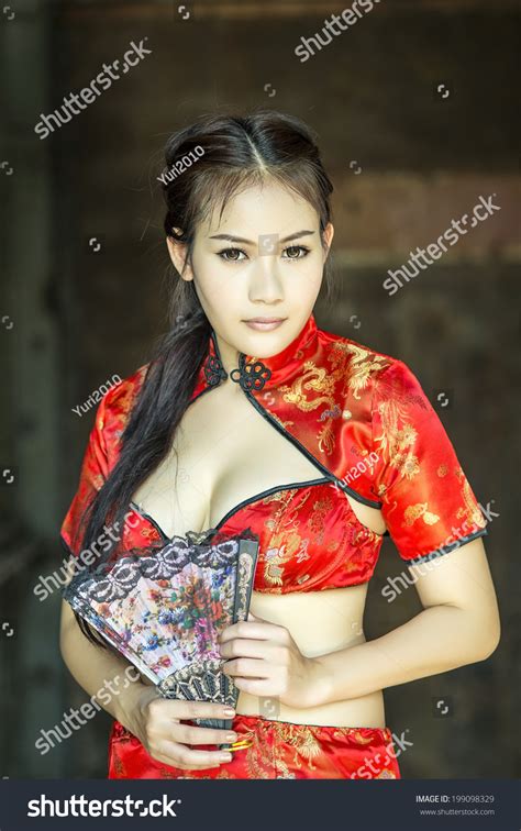 Sexy Chinese Girl Red Dress Traditional Stock Photo 199098329