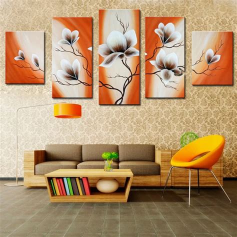 Modern Handmade 5 Panel Home Decor On Canvas Wall Art Beautiful Flowers