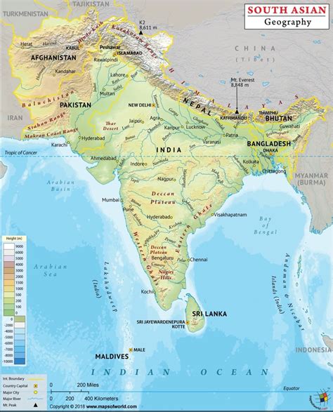 South Asia Geography Map Showing Mountain Peaks Rivers Capitals And