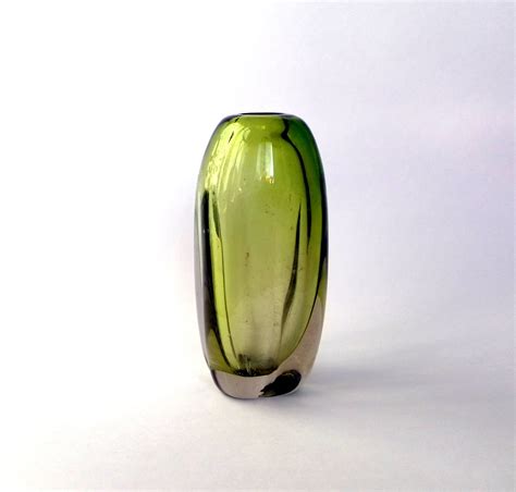 Vintage Olive Green Small Vase Czech Art Glass Vase Heavy Etsy