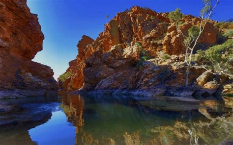 Lake Surrounded By Red Rock In Blue Sky Background Reflection On Water