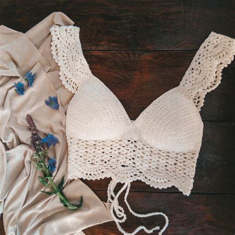 white crochet crop top with lace wings on shoulder lace etsy