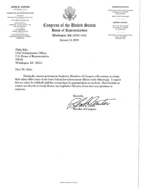 Congressman John Carters Letter Requesting Salary To Be Withheld During Shutdown Pdf