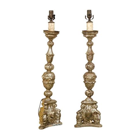 Pair Of 19th Century Italian Giltwood Candlesticks Table Lamps For Sale