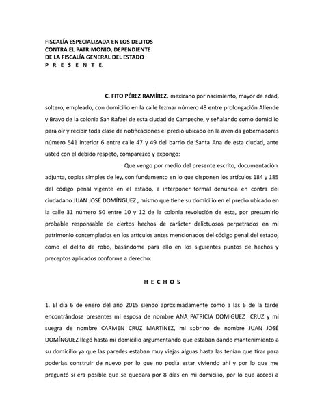 Ejemplo de denuncia por robo FISCALÍA ESPECIALIZADA EN LOS DELITOS
