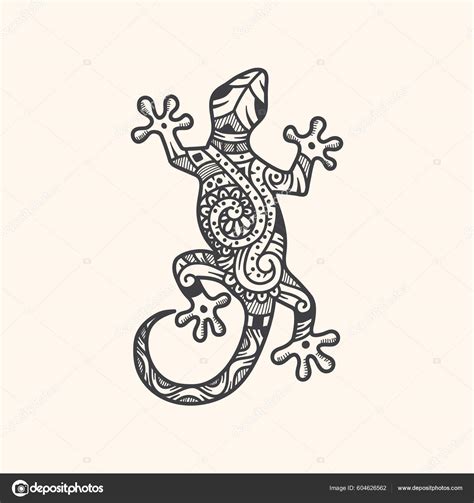 Hand Drawn Zentangle Stylized Drawing Lizard Gecko Silhouette Covered