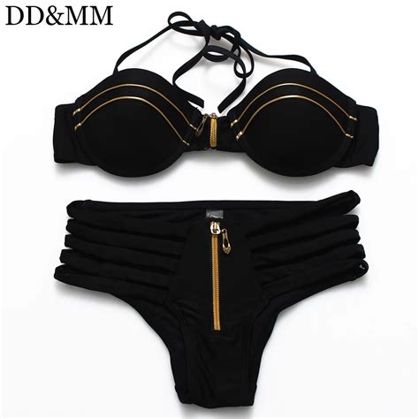 Ddandmm Sexy Black Solid Bandeau Bikini String Hollow Out Swimwear Women