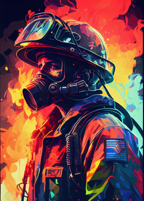 Firefighter Colorful Poster Picture Metal Print Paint By