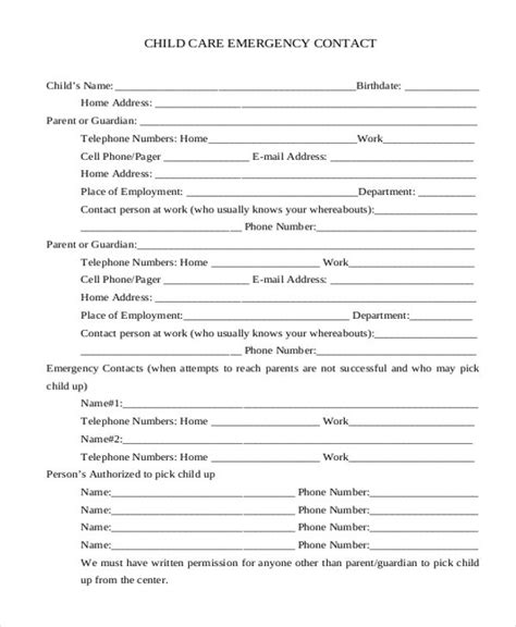 Free 12 Sample Emergency Contact Forms In Pdf Ms Word Excel In
