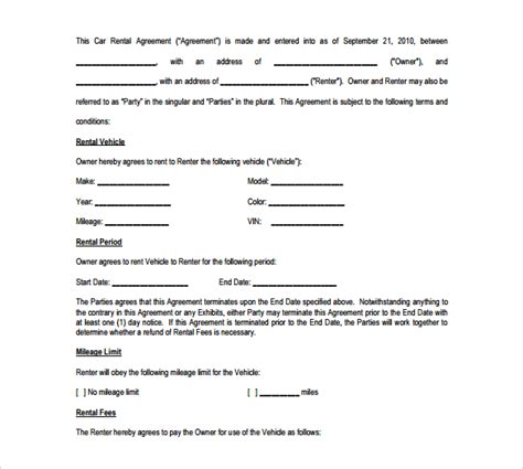 Vehicle Rental Agreement Template Download Printable Pdf Car Rental