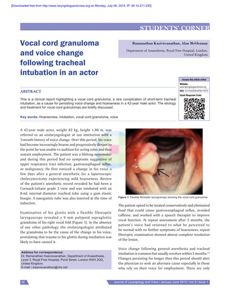 Pdf Vocal Cord Granuloma And Voice Change Following Tracheal