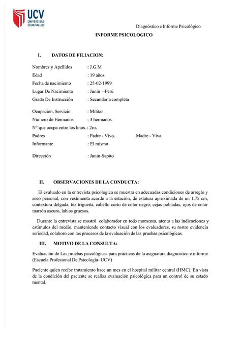 Informe De Psicolog A Ejemplo Diagn Stico E Informe Psicol Gicodiagn Stico E Informe