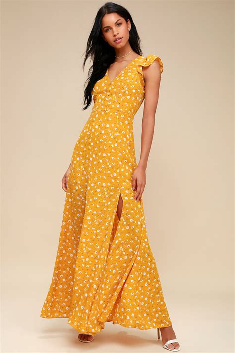 Lovely Mustard Yellow Floral Print Dress Floral Maxi Dress Lulus