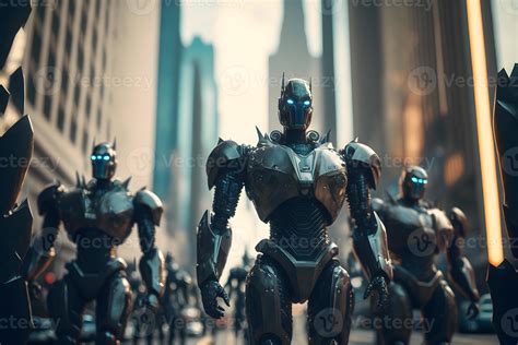Many Modern Futuristic Male Humanoid Robots With Metal Outfit Neural