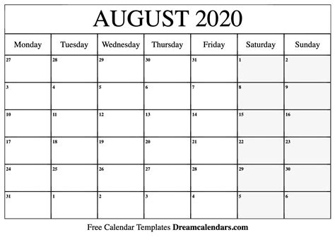 Calendar Of 2020 August Month Calendar Printable