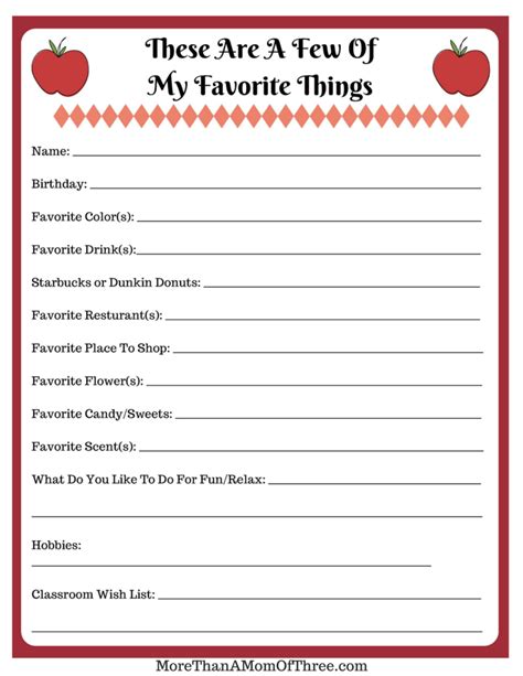 Teacher Favorite Things Printable Questionnaire More Than A Mom Of